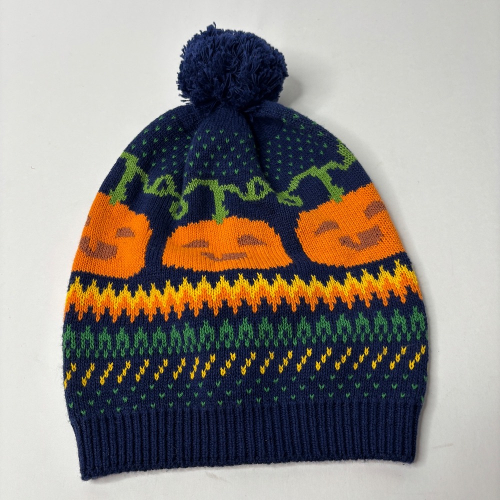 ModCloth Give Em Pumpkin to Talk About Beanie Hat Fair Isle Pom Hat Blue Orange